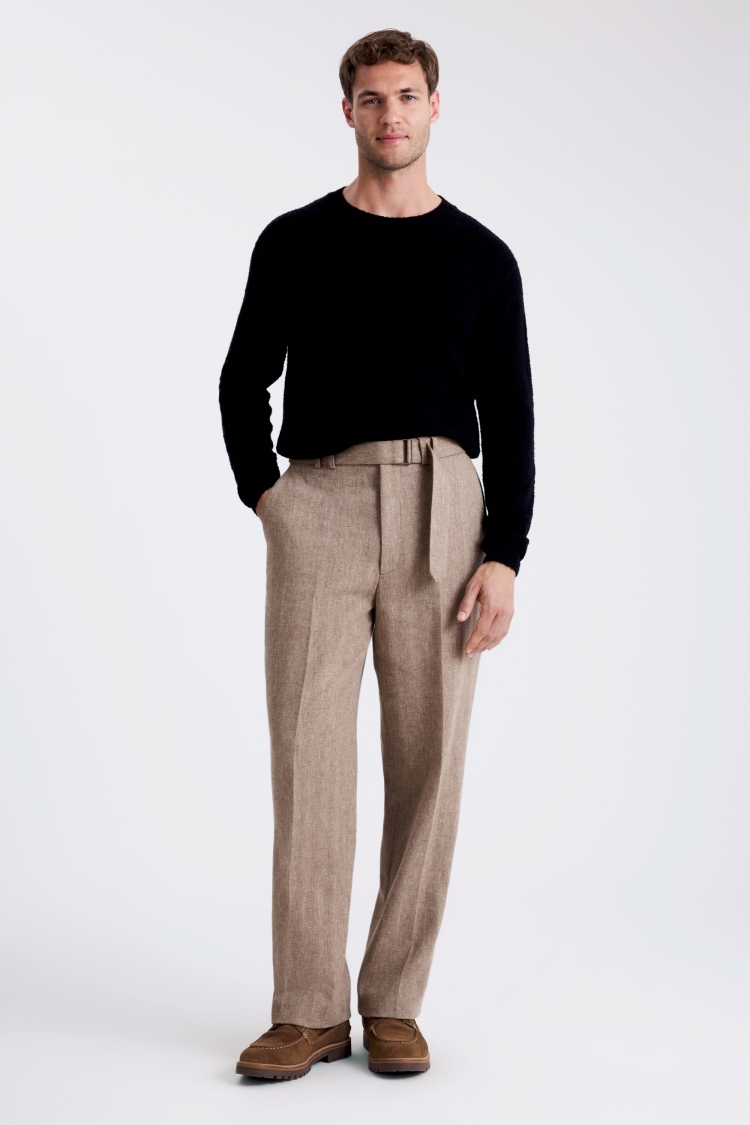 Brown Herringbone Self Belt Trousers